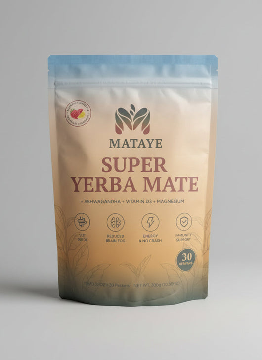 Mataye Super Yerba Mate package on a gray background