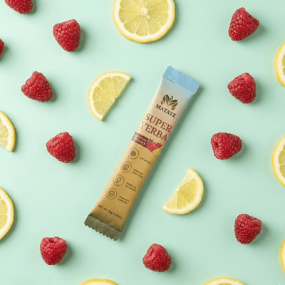 Super Yerba package with raspberries and lemon slices on a light green background