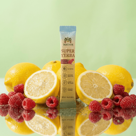 Mataya Super Yerba sachet with lemons and raspberries on a reflective surface