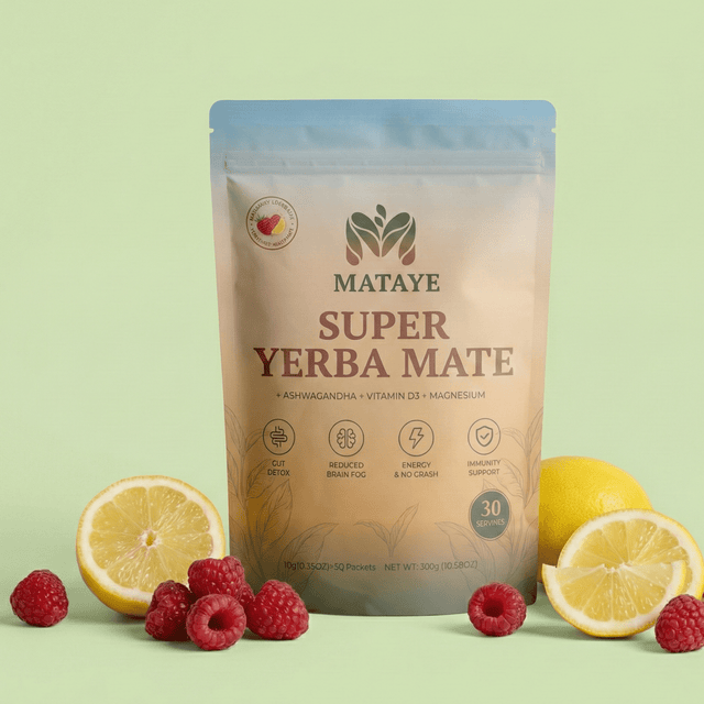 Mataye Super Yerba Mate package with lemons and raspberries on a light green background