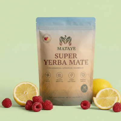 Mataye Super Yerba Mate package with lemons and raspberries on a light green background