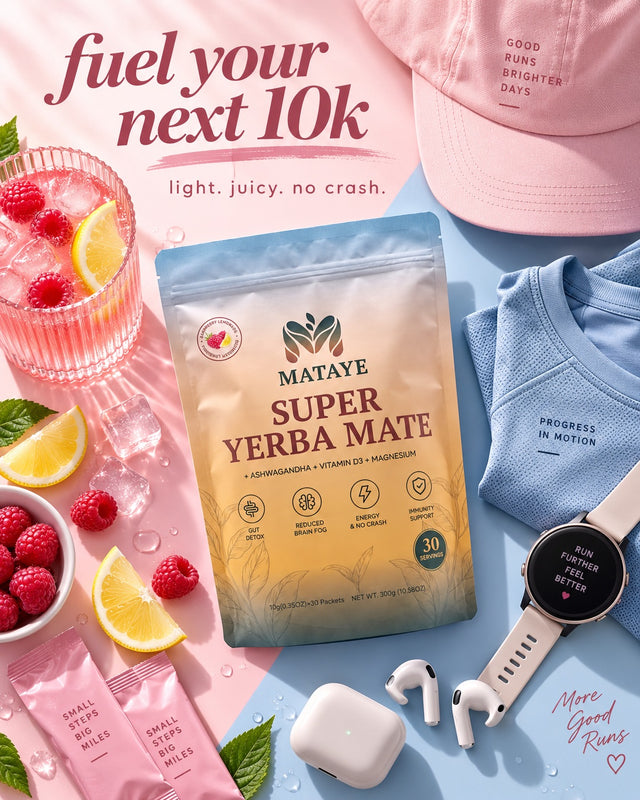 A styled flat-lay featuring a bag of Mataye Super Yerba Mate in the center, surrounded by pink and blue wellness-themed props including a pink cap, a blue t-shirt, smartwatch, earbuds, a glass of raspberry drink with lemon, and small packets of powder on a pink and blue background with the text fuel your next 10k.