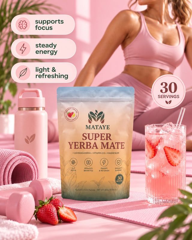 A stand-up pouch of MATAYE Super Yerba Mate placed on a pink yoga mat with a pink drink of strawberry-infused liquid, a pink bottle, and pink dumbbells. A woman in pink workout clothes is blurred in the background, along with callout bubbles about focus, energy, and refreshing taste, plus a 30 servings badge.