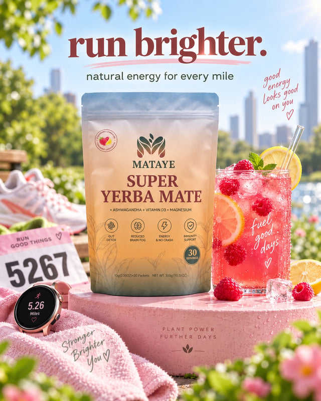 A stand-up pouch of MATAYE Super Yerba Mate is centered on a pink surface, with a pink beverage glass of yerba mate and citrus garnish beside it. The scene includes a blurred outdoor city background, a towel, running shoes, a smartwatch, and promotional text including run brighter.