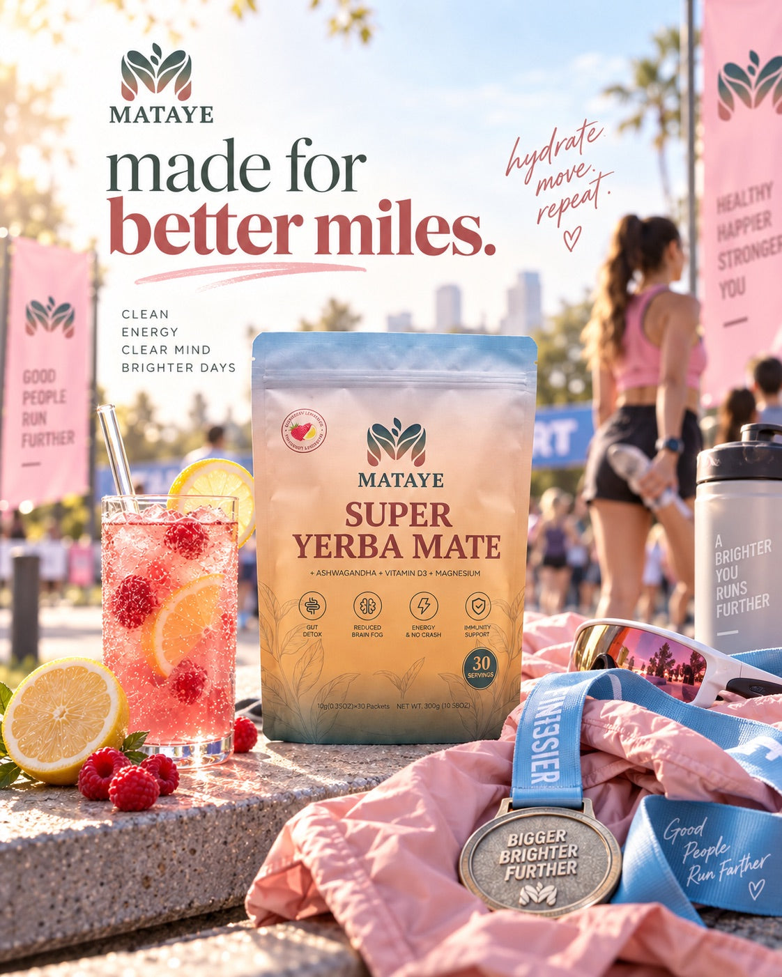 A bag of Mataye Super Yerba Mate is displayed on a stone ledge outdoors, surrounded by a pink drink with raspberries and lemon, a marathon medal, and branded pink banners in the background with runners.
