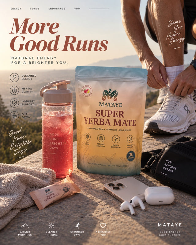 A lifestyle promotional scene on a rocky outdoor trail showing a person tying a white sneaker, with a bag of MATAYE Super Yerba Mate, a pink drink bottle, a small sachet, a phone, earbuds case, and a black bag arranged in the foreground. Large text reads More Good Runs and Natural Energy for a Brighter You.